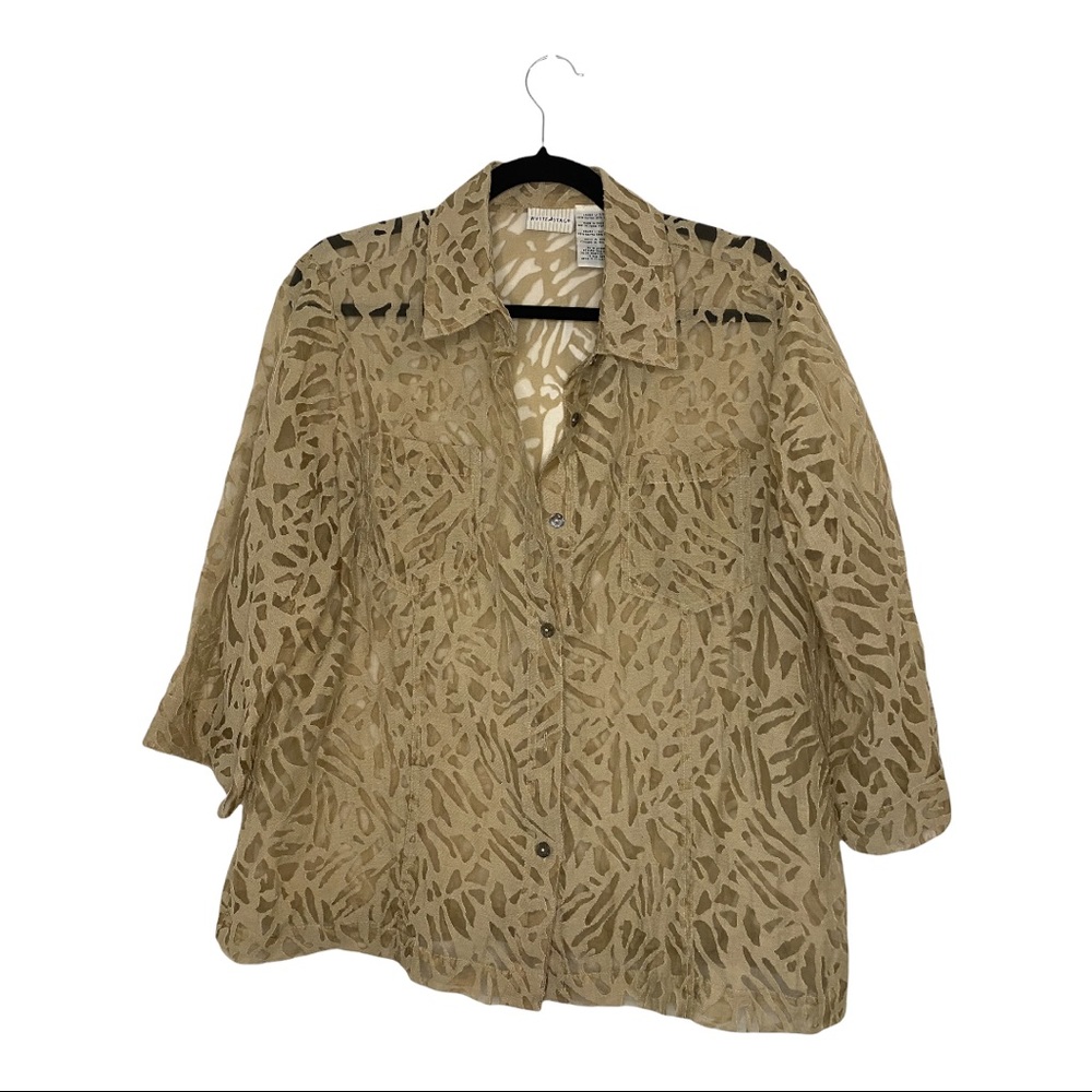 Beige Sheer Button-Down with Patterned Cut-outs
